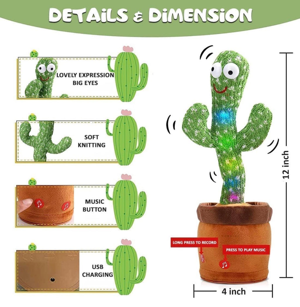Dancing Cactus Pro | Recahargeable | Baby Toddlers, Kids and Children, USB Charging Taking Cactus Toy , LED Lights, Voice Recording Age 1-10 Years (Green)