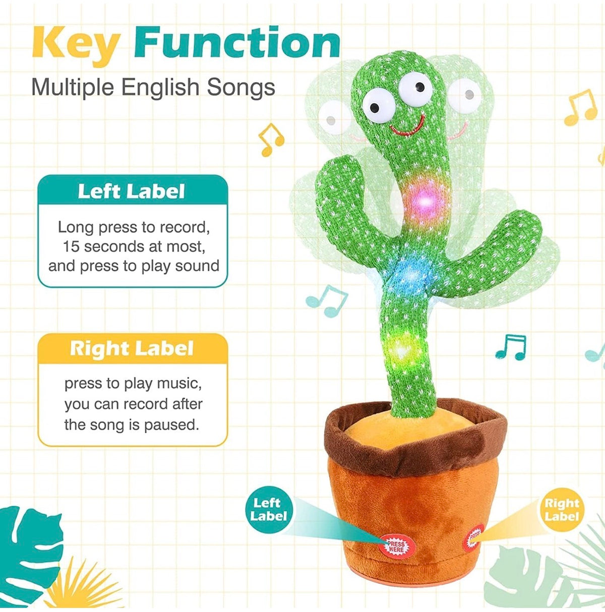 Dancing Cactus Pro | Recahargeable | Baby Toddlers, Kids and Children, USB Charging Taking Cactus Toy , LED Lights, Voice Recording Age 1-10 Years (Green)